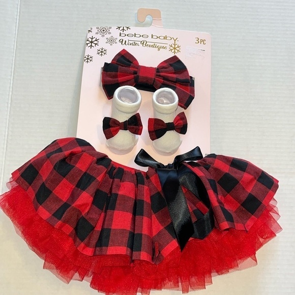 NWT-Bebe baby-3pc set-red/black-hair bow, white booties, elastic ruffled skirt. - Picture 1 of 7